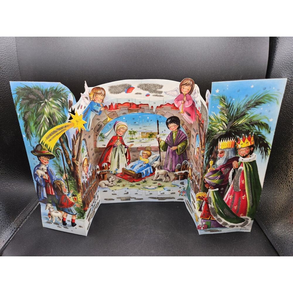 Vintage Christmas Advent Pop Up Calendar West Germany Kruger Manger Scene